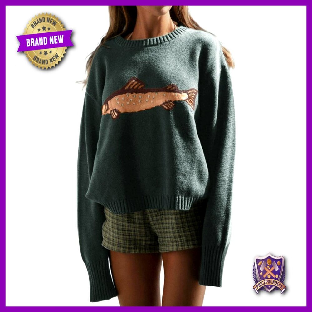 Oversized Rib Knit Pullover Sweater Y2k Crucian Carp Graphic Drop Shoulder